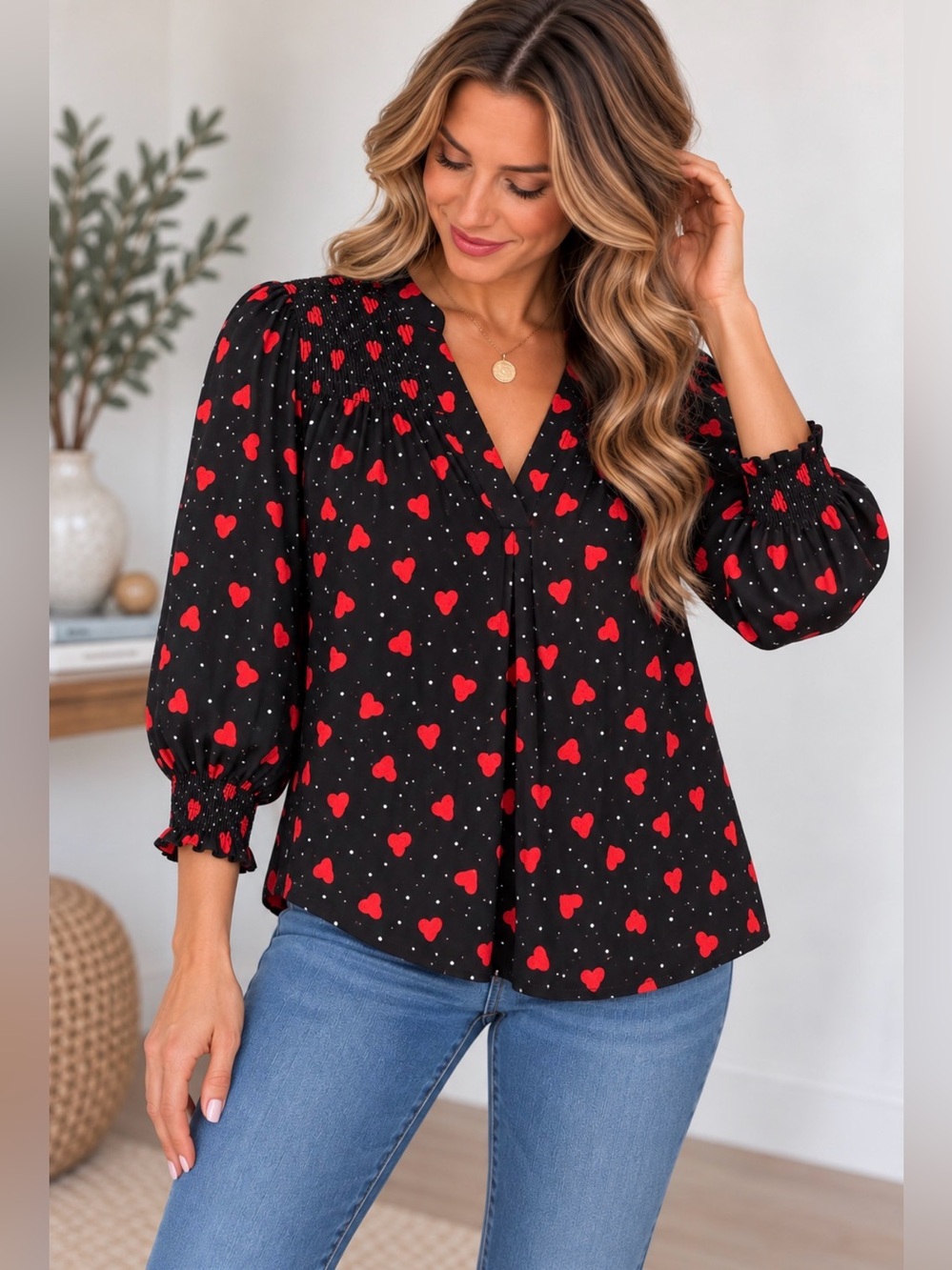 392 Christian Siriano New York Heart Print Black Red Smocked V-Neck Blouse M